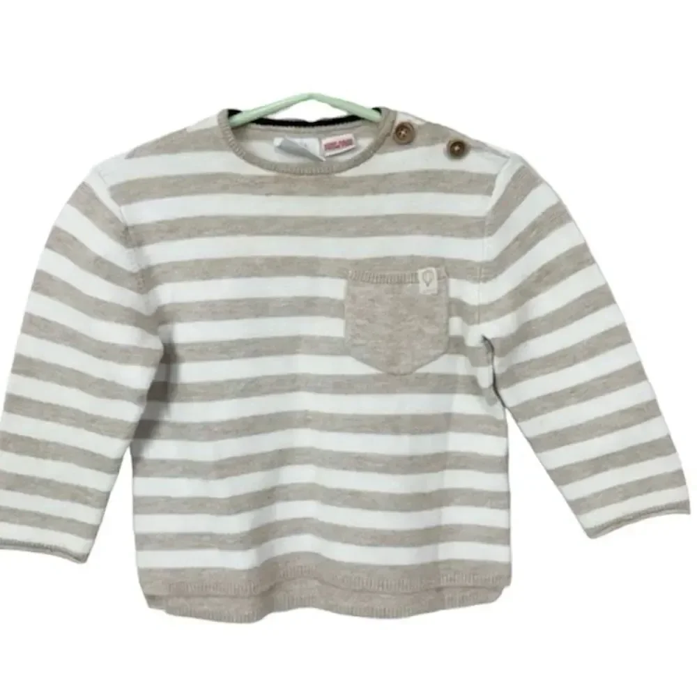 Zara Cotton Striped Crew Neck Pullover Sweater Beige White 12-18 Months